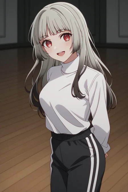 sscore_9, score_8_up, score_7_up, source_anime, 1girl, prefect lighting, very aesthetic, intricate details, highly detailed background, masterpiece, high quality, prefect hands, best quality, solo,
<lora:Mei_Adashino_Oshi_No_Ko_V2:.85>, KJOmei, grey hair, red eyes, sidelocks, long hair, black colored tips, blunt bangs,
turtleneck, track pants, untucked shirt,
arms behind back, smile, blush, looking at viewer, open mouth, from side, head tilt, leaning forward,
dancing studio, wooden floor,
(Beautiful, medium Breasts:1.2), natural breasts,