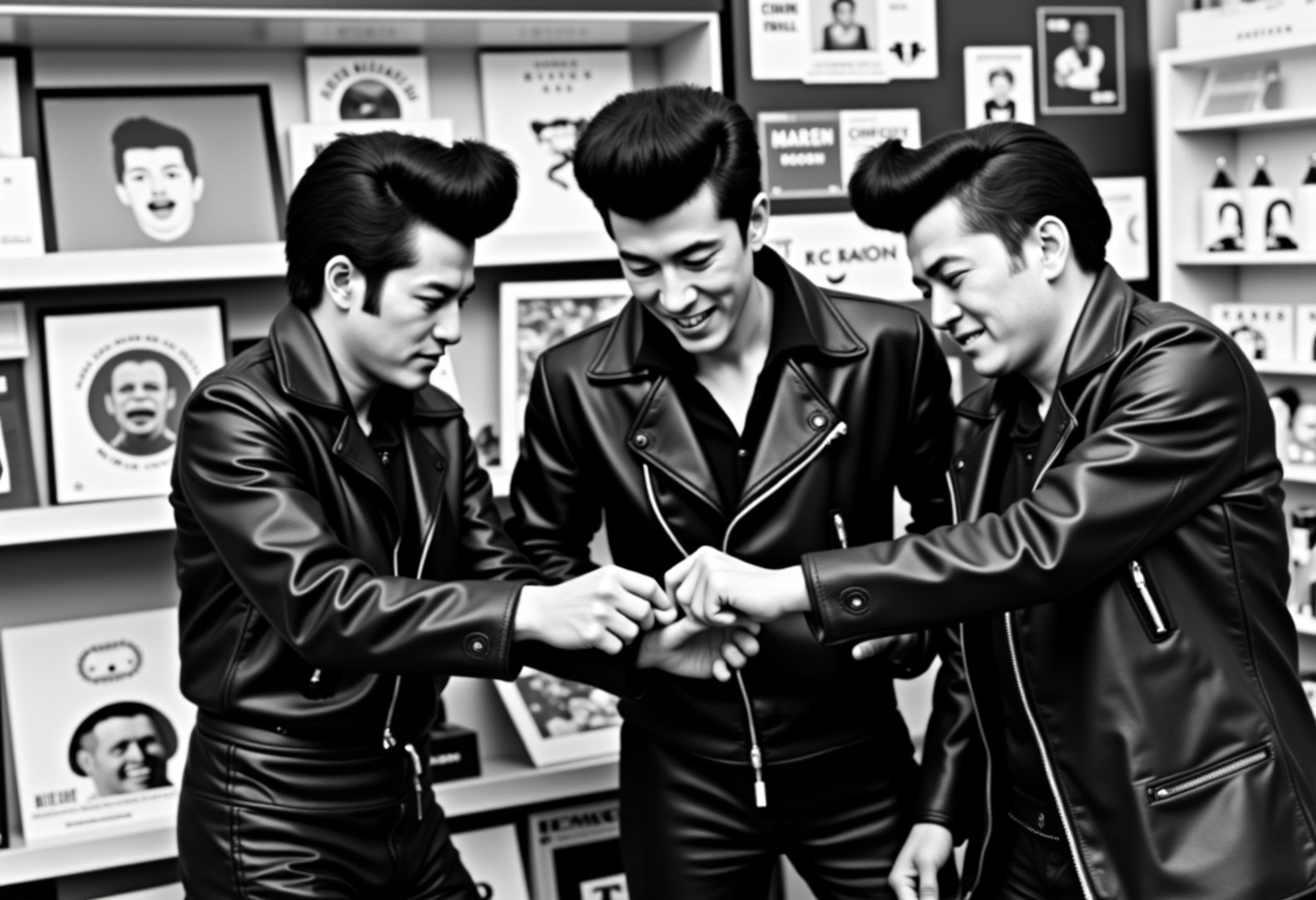 a photo of Japanese rockabilly thieves with awesome pompadours wearing leather in a Tokyo shop stealing.