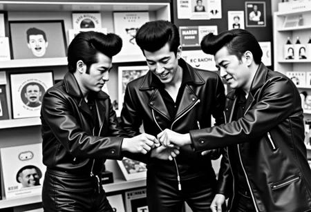 a photo of Japanese rockabilly thieves with awesome pompadours wearing leather in a Tokyo shop stealing.