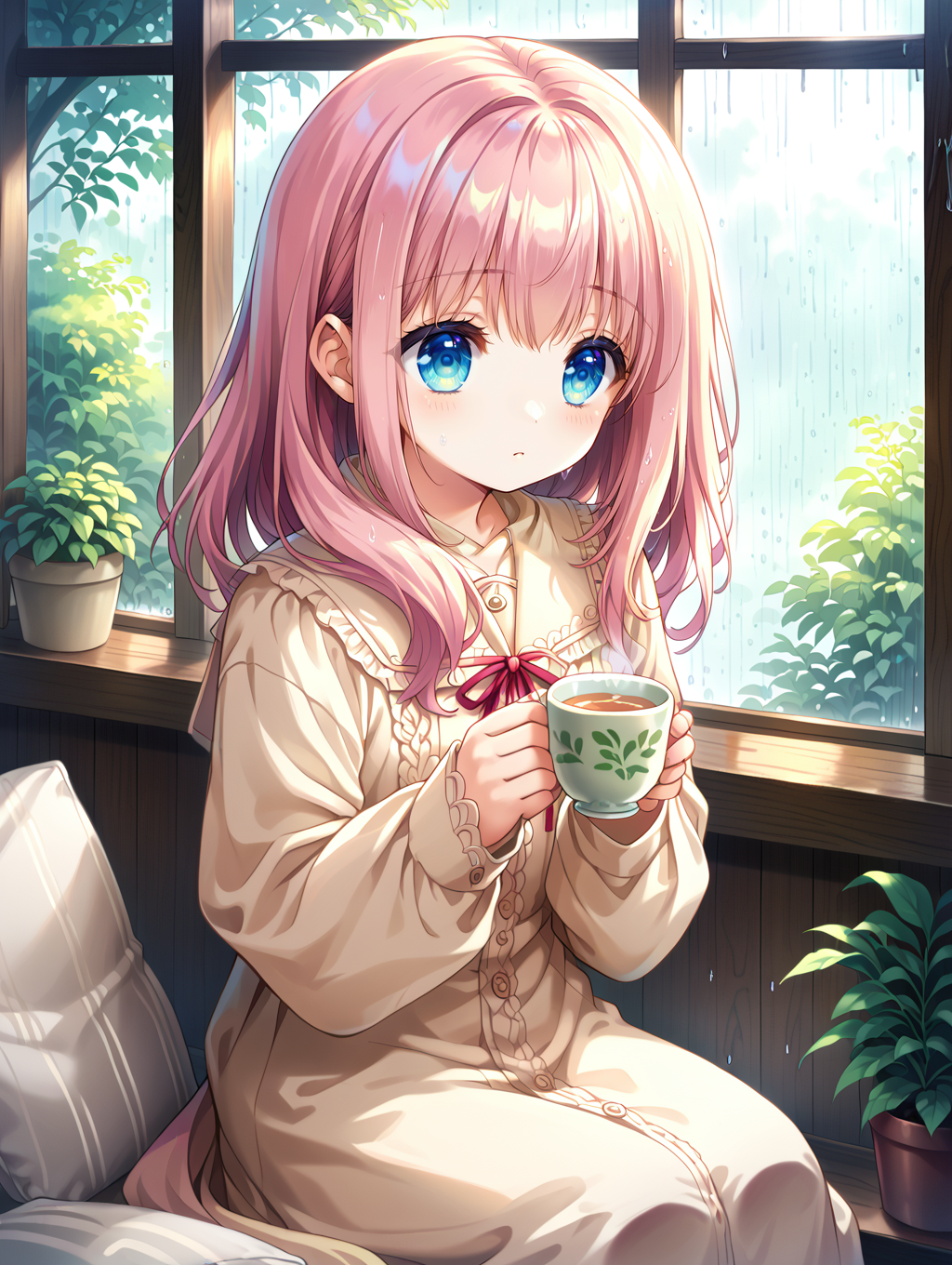 score_9, score_8_up, score_7_up,source_anime,
(1girl:1.3), (cute:1.2), (anime style:1.1), (soft colors:1.2), (gentle background:1.2), (light pastels), ((sitting by a window)), (watching the rain), (holding a warm cup of tea), (soft reflections on glass), (calm and cozy atmosphere), (simple outfit), (gentle lighting),
 <lora:style009:0.6>