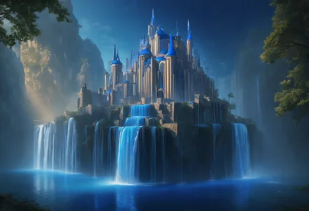 a floating castle in the air, a waterfall flows from the castle to the ground, epic composition, detailed, parts of the castle are made of deep blue crystal, intricate,