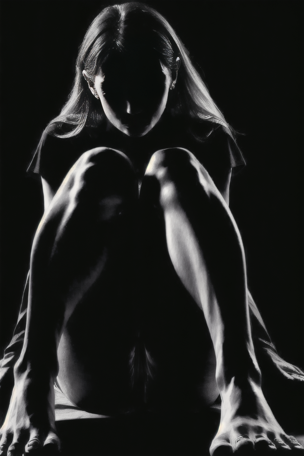 (Realisitc:1.5) (view from front) EdobShadow a woman in the dark, Sitting on the floor with legs bent and hands resting on ankles, (black background:1.3) <lora:EdobShadow_v1.0:1>
