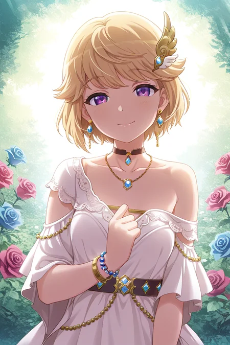 masterpiece, best quality, amazing quality,
<lora:Ryoko_IL:1> ryoko, 1girl, solo, jewelry, blonde hair, purple eyes, earrings, flower, smile, looking at viewer, short hair, gem, beads, necklace, hair ornament, bracelet, dress, choker, collarbone, white dress, closed mouth, wing hair ornament, rose, bangs, off shoulder, day