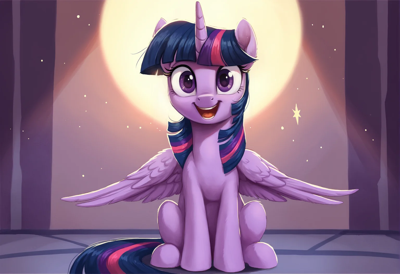 score_9, score_8_up, score_7_up, score_6_up, score_5_up, score_4_up, rating_safe, twilight sparkle, alicorn, female, mare, pony, solo, cute, looking at you, open mouth, sitting, stressed, talking to viewer, vulgar, twiabetes, wide eyes, relatable, smiling, folded wings, twilight sparkle \(alicorn\), subversive kawaii, twilynanas, g4, detailed, beautiful, <lora:Wholesome-MLP-v1.4b:1>