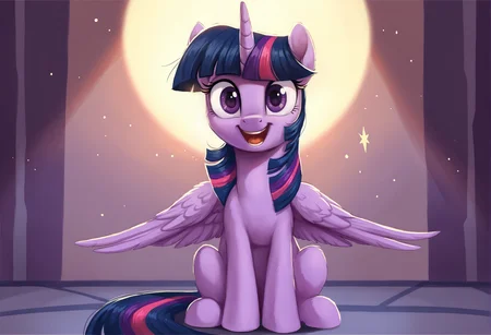score_9, score_8_up, score_7_up, score_6_up, score_5_up, score_4_up, rating_safe, twilight sparkle, alicorn, female, mare, pony, solo, cute, looking at you, open mouth, sitting, stressed, talking to viewer, vulgar, twiabetes, wide eyes, relatable, smiling, folded wings, twilight sparkle \(alicorn\), subversive kawaii, twilynanas, g4, detailed, beautiful, <lora:Wholesome-MLP-v1.4b:1>