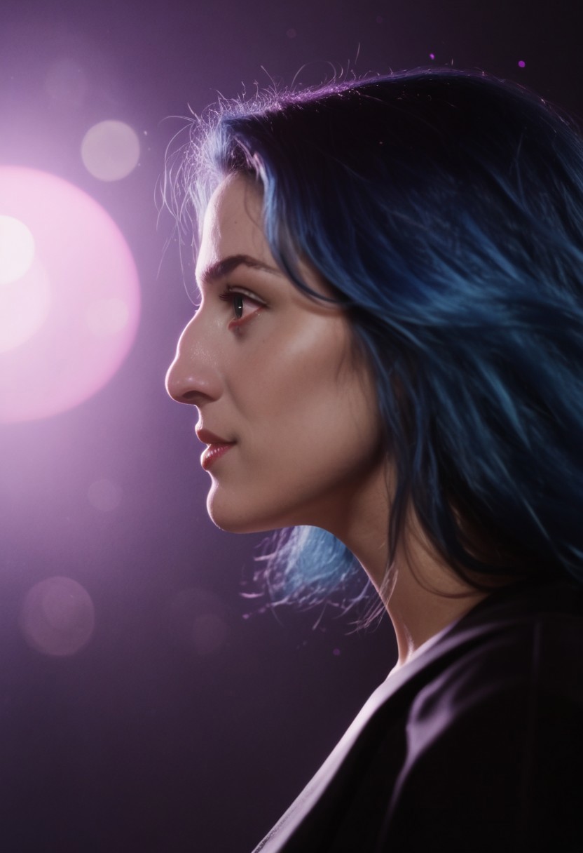 Profile, side view, score_9, score_8_up, score_7_up, cyborg, ar3na1989, Kodak Motion Picture Film Style, bignoselady, large nose, aquiline, (nose bump), 1girl, blue hair, (neon purple light), pop singer, (bokeh), sci-fi, dark atmosphere, moody, aesthetic,