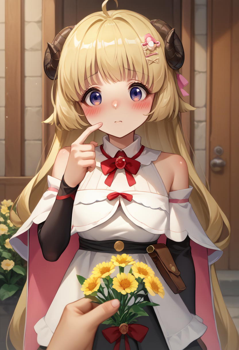 score_9, score_8_up, score_7_up, source_anime, 1girl, single finger pointing, pointing at self, <lora:IndexFingerPointingAtSelf_XLPD:1>, upper body, blush,  <lora:POVGifting_XLPD:1>, PovGifting, pov hands, holding flowers, flower, <lora:last_1:1>, WatameBase, very long hair, ahoge, hairclip, fur-trimmed dress, short dress, red bowtie, detached sleeves, pouch, fur-trimmed cape, pink cape, shy,
