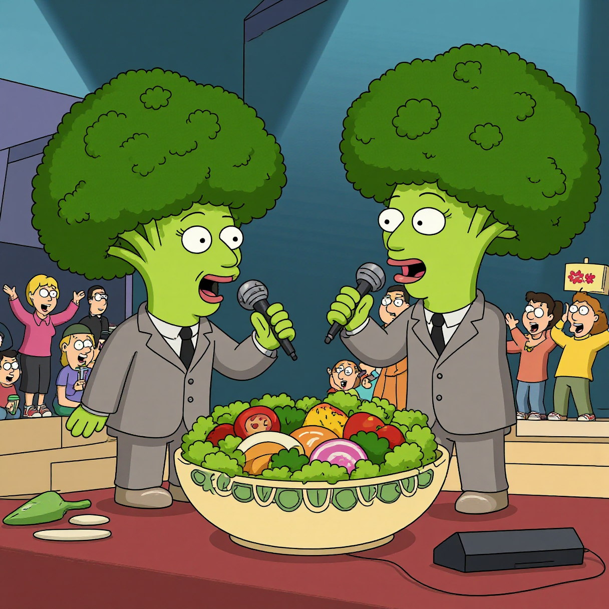 Two broccoli heads having a karaoke battle on a stage made of salad, with a cheering crowd of vegetables in the background, cartoon