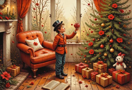 Little boy in a New Year's sconce hangs a red New Year's toy on a New Year's tree in christmas living room,
