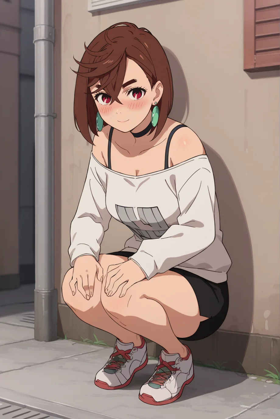 score_9, score_8_up, score_7_up, score_6_up, score_5_up, score_4_up, BREAK source_anime, 1girl, solo,
<lora:MomoAyaseXL-v3-07:0.7>, ChopioMomo, brown hair, short hair, hair between eyes, thick eyebrows, red eyes, looking at viewer,
medium breasts, narrow waist, 
outfit_3, earrings, black choker, bra strap, off shoulder, white sweater, long sleeves, black skirt, miniskirt, microskirt, pencil skirt, sneakers,
outdoors, alley, day, squatting, knees together, hands on thighs, light smile, blush,