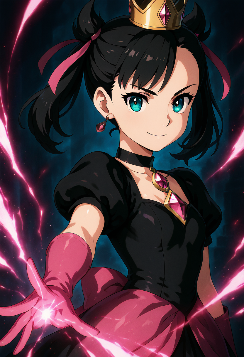 masterpiece, best quality, 1girl, solo, eyelashes, (beautiful eyes), shiny skin, looking at viewer, smile, zzShadowMarnieCitron, aqua eyes, black hair, hair ribbon, medium hair, asymmetrical bangs, twintails, mini crown,   black dress, puffy short sleeves, black choker, gem, pink ribbon, pink gloves, bow, chiaroscuro, magic, incoming attack,  ,<lora:ShadowHimeMarnieCitronOCIXL_v3:1.0>,  upper body, side view, smile, looking at viewer, shiny skin,