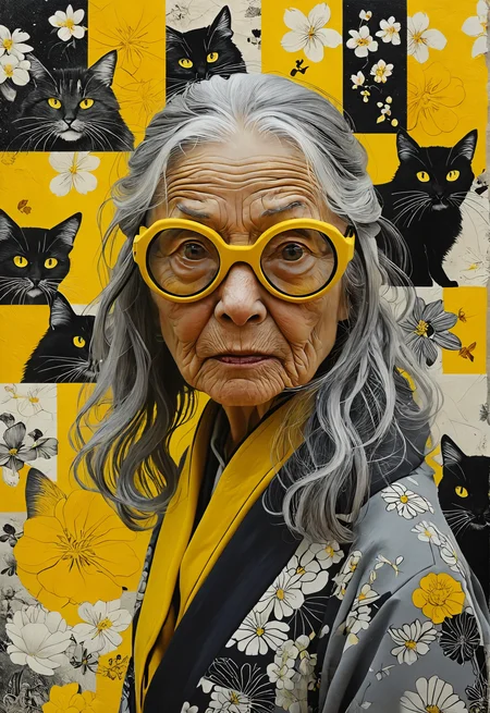 old woman, black and grey long hair, wearing goggles , surrounded by a b&w collage of Japanese imagery in the style of mixed media collage ,yellow cat,horror, pop art ,Shigeo Fukuda <lora:MJ52:0.5> <lora:add-detail-xl:1>
