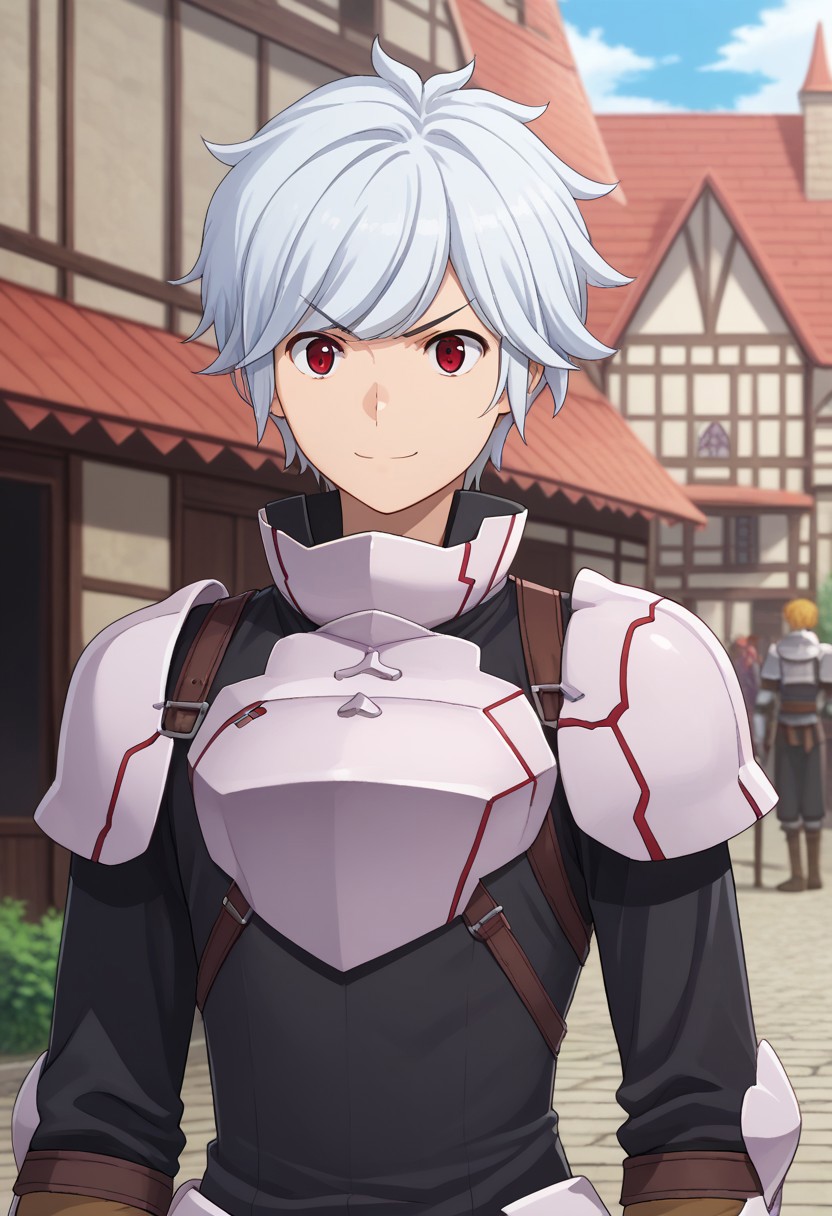 score_9, score_7_up, source_anime 
belcranel, 1boy, male focus, solo, white hair, red eyes, armor, shoulder armor, brestplate, shirt, black shirt, long sleeves, arm armor, gloves, brown gloves, upper body, smile, determined,
outdoor, village, medieval,