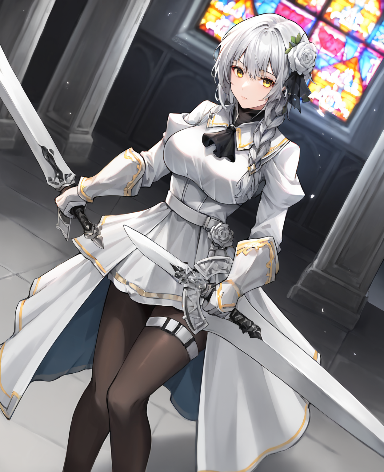 score_9,score_8_up,score_7_up,source_anime,rating_safe BREAK masterpiece,highres,best quality,high quality,dramatic angle,cinematic lighting,1girl,<lora:NightOfRevenge_pony_V1-000020:0.86>,Candore,white hair,braids,ribbon,yellow eyes,turtleneck,black bowtie,white dress,frills,dual wielding,holding sweapon,pure white swords,black pantyhose,thigh strap,in a church,depth of field,cross,gold trim,<lora:add-detail-xl:0.43>,<lora:flat_sdxl:-0.68>,wind,holy light,stained glass,gauntlets,dutch angle,hair flower,