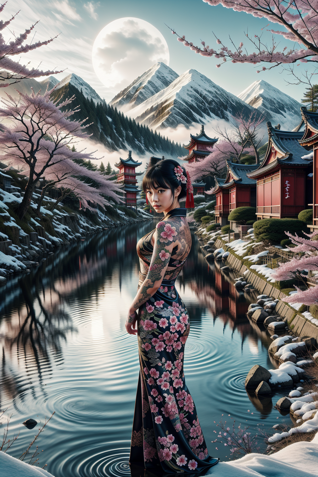 masterpiece, best quality, <lora:EPIrezumiWorld-04:1.3> , EPIrezumiWorld, tattoo, irezumi, cherry blossoms, 1girl, short hair, geisha, kimono, snow, mountain, river, forest