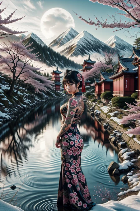 masterpiece, best quality, <lora:EPIrezumiWorld-04:1.3> , EPIrezumiWorld, tattoo, irezumi, cherry blossoms, 1girl, short hair, geisha, kimono, snow, mountain, river, forest