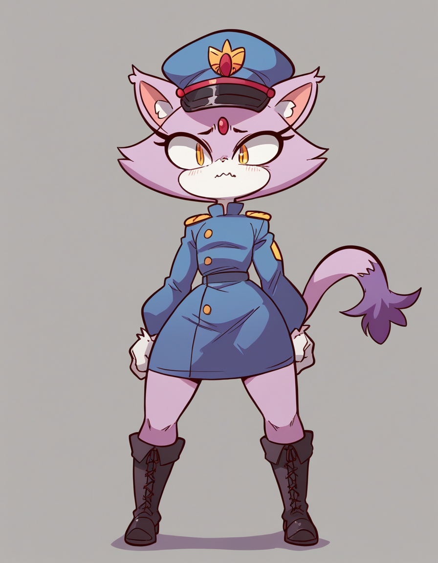 zPDXL, score_9, score_8_up, score_7_up, source_anime, 1girl, solo,
 <lora:diives_v2:1> diives, (portrait), Blaze the Cat,  purple cat, cat tail, cat ears, purple fur, white fur, two-tone fur, white gloves, flat chest, little girl, child, wavy mouth, standing_on_shoulder, soldier wearing Dark navy blue uniform with double-breasted jacket, A-line skirt, knee-high boots, officer's cap