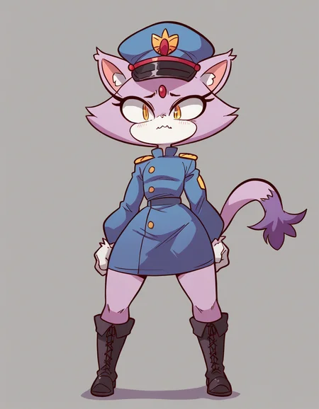 zPDXL, score_9, score_8_up, score_7_up, source_anime, 1girl, solo,
<lora:diives_v2:1> diives, (portrait), Blaze the Cat, purple cat, cat tail, cat ears, purple fur, white fur, two-tone fur, white gloves, flat chest, little girl, child, wavy mouth, standing_on_shoulder, soldier wearing Dark navy blue uniform with double-breasted jacket, A-line skirt, knee-high boots, officer's cap