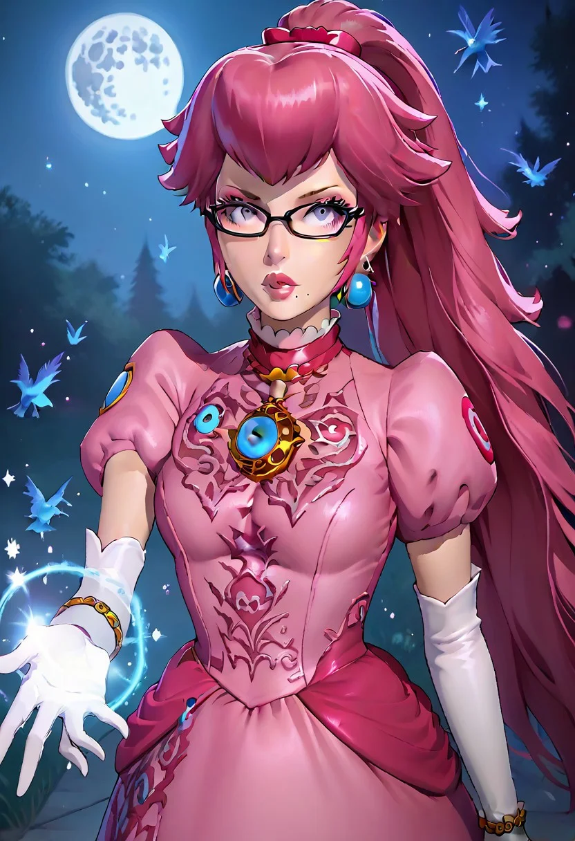 upper body, half body, ((crown, dress, gem, gloves, pink dress, puffy short sleeves, puffy sleeves, short sleeves, white glove)), BayonettaSDXL, Bayonetta2, 1girl, solo, focus, magic, dark shadows magic, long hair, looking at viewer, absurdly long hair, ponytail, Floor length air gray eyes, pink hair, blue lipstick, gloves, jewelry, very long hair, tall girl, earrings, parted lips, glasses, elbow gloves, white gloves, mole, lips, bodysuit, makeup, night, moon, lipstick, mole under, r mouth, full moon, amulet, bayonetta, cowboy shot,, crowmancer, crow flock, drawing dark magic circles with shadows, bold, striking, cowboy shot, easynegative, flat color, dark theme, g4n1m3, shadow magic, arkane_dark, night, night lights, dynamic pose, dynamic angle, Vintage BREAK score_9, score_8_up, score_7_up, score_6_up, source_anime, ((Princess Peach Dress))