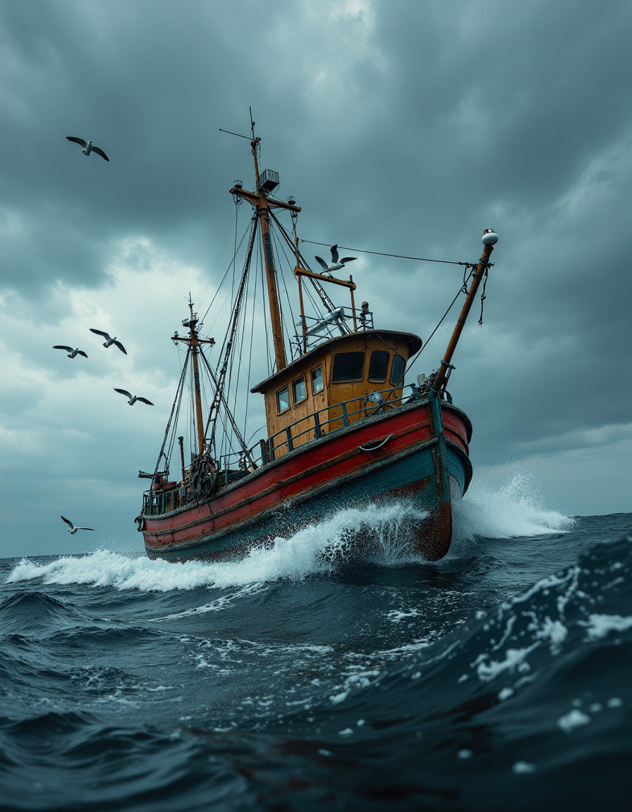 Low key, masterpiece, ultimate detailed, tiny finnest details,
Ultra high definition of a small fishing industrial boat at sea, (without masts:2.9), (no rigging:2),  (a group of seagulls flying around the boat:1.2), heavy rain,  (stormy weather:1.6), (tempest:1.4), very high waves, rough waves, cinematic texture, Leica lens, 8K, 
 <lora:Flux1-impossible_geometry_V1.0:0.4> <lora:flux.1_lora_flyway_Epic-detail_v2:0.7> . <lora:Dieselcore:0.3> d1eselc0re , dynamic, action pose, (dutch angle:1.5) from below, wide lens, low camera angle actions scene, foreshortening, <lora:Action-sdxl-V0.5:1> in a zdyna_pose, dutch angle, from below, low camera angle actions scene, foreshortening,, RAW candid cinema, studio, 16mm, ((color graded portra 400 film)) ((remarkable color)), (ultra realistic), textured skin, remarkable detailed pupils, ((realistic dull skin noise)), ((visible skin detail)), ((skin fuzz)), (dry skin) shot with cinematic camera, dark ambiance, low lighting, chiaro oscuro