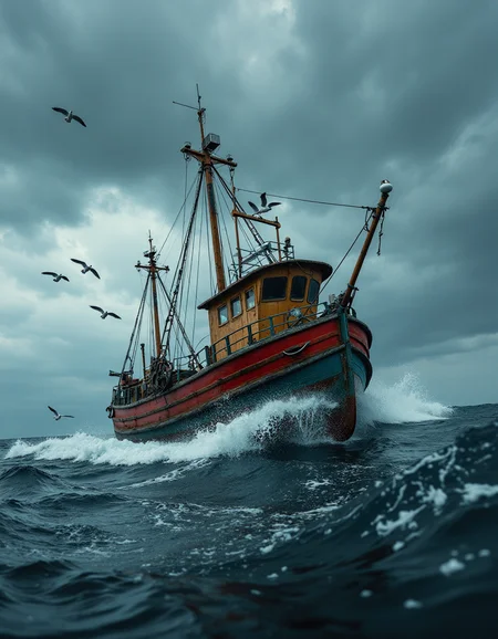 Low key, masterpiece, ultimate detailed, tiny finnest details,
Ultra high definition of a small fishing industrial boat at sea, (without masts:2.9), (no rigging:2), (a group of seagulls flying around the boat:1.2), heavy rain, (stormy weather:1.6), (tempest:1.4), very high waves, rough waves, cinematic texture, Leica lens, 8K,
<lora:Flux1-impossible_geometry_V1.0:0.4> <lora:flux.1_lora_flyway_Epic-detail_v2:0.7> . <lora:Dieselcore:0.3> d1eselc0re , dynamic, action pose, (dutch angle:1.5) from below, wide lens, low camera angle actions scene, foreshortening, <lora:Action-sdxl-V0.5:1> in a zdyna_pose, dutch angle, from below, low camera angle actions scene, foreshortening,, RAW candid cinema, studio, 16mm, ((color graded portra 400 film)) ((remarkable color)), (ultra realistic), textured skin, remarkable detailed pupils, ((realistic dull skin noise)), ((visible skin detail)), ((skin fuzz)), (dry skin) shot with cinematic camera, dark ambiance, low lighting, chiaro oscuro