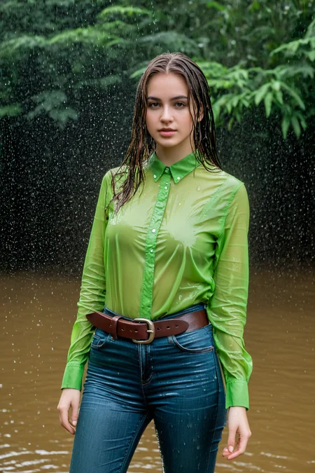 wetgirl, standing in the rain, water drop, wet hair, wet green shirt, shirt tucked into skinny jeans, belt, looking at viewer, photographed on a Fujifilm XT3, 80mm F/1.7 prime lens, cinematic film still, cinestill 500T, highly detailed, masterpiece, highest quality, intricately detailed, HDR, 8k, uhd, photorealistic, <lora:wetgirl_v2:0.75>