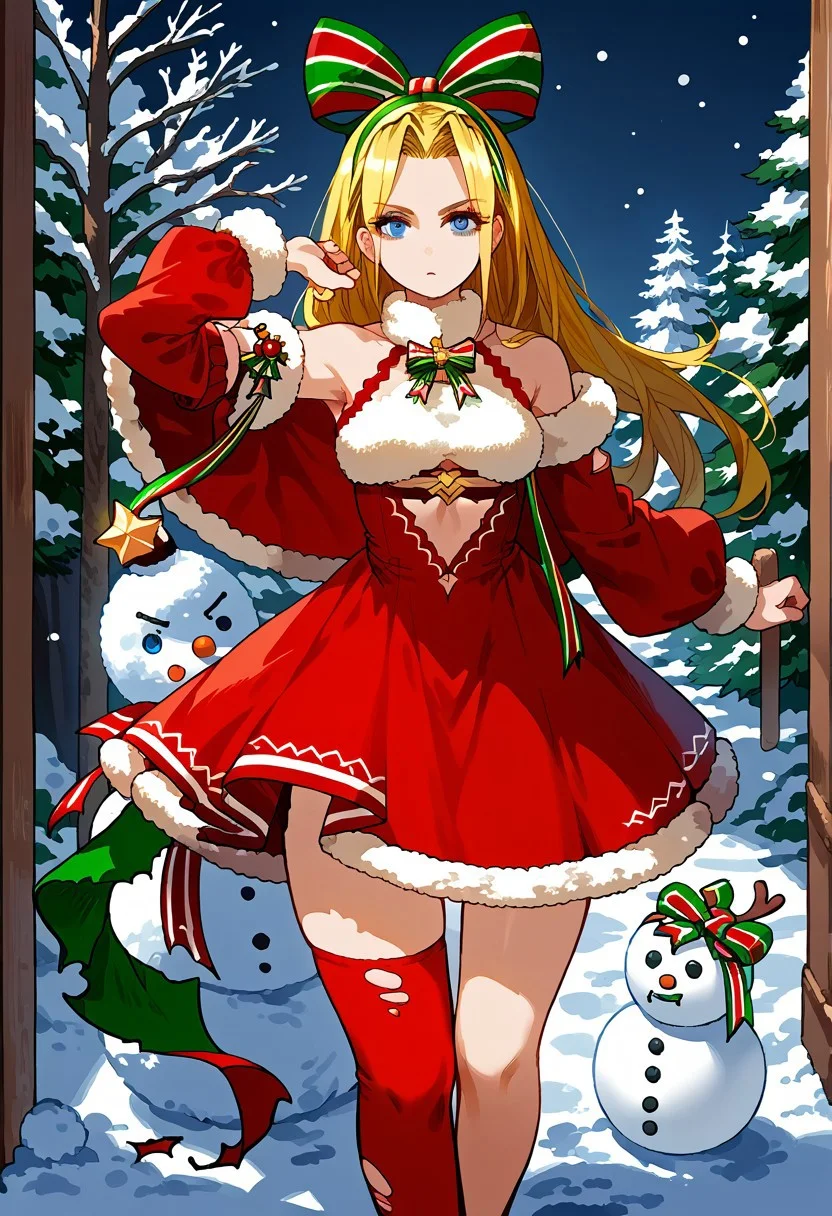 score_9, score_8_up, score_7_up,highly detailed, outside,source_anime, snow,snowman,cmacherie,1girl,solo,blonde hair,blue eyes,christmas,single thighhigh,long hair,bow,torn clothes,asymmetrical legwear,christmas dress,detached sleeve one arm
