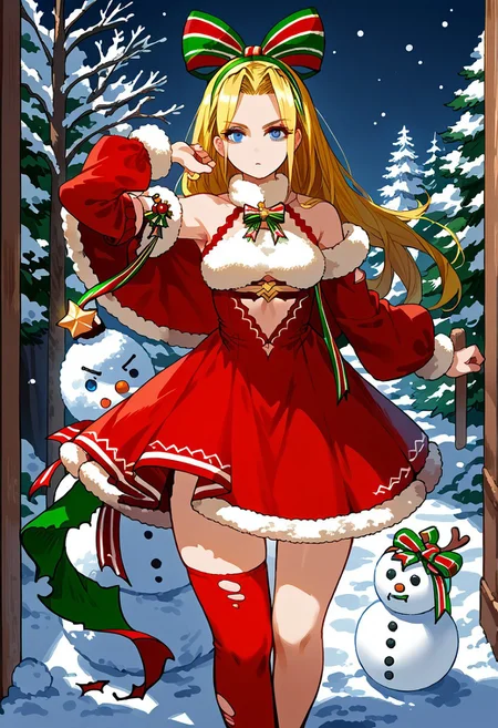 score_9, score_8_up, score_7_up,highly detailed, outside,source_anime, snow,snowman,cmacherie,1girl,solo,blonde hair,blue eyes,christmas,single thighhigh,long hair,bow,torn clothes,asymmetrical legwear,christmas dress,detached sleeve one arm