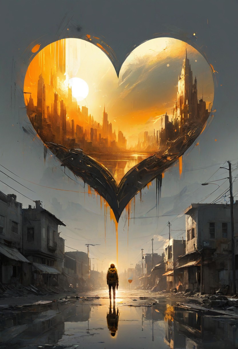 sun in sky heart-shaped  touching another heart over grey town, golden aura, trending on ArtStation, super quality, biopunk, reflections, complementary colors, by Russ Mills