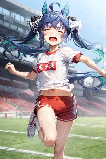 masterpiece, best quality,
twin turbo \(umamusume\),
running, stadium, track, wide shot,
grass, closed eyes, sweat, open mouth,
white shirt, gym shirt, short sleeves, gym uniform, red shorts, white socks, shoes, sneakers, white footwear,
<lora:twin_turbo_loha:0.7>