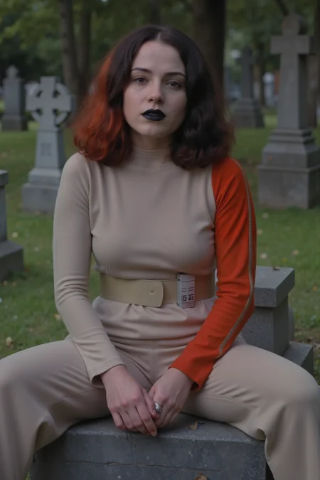a young goth woman with goth black makeup and black lipstick and black and red hair wearing beige s1999unf with left red sleeve and beige pants is sitting on a grave in a gloomy graveyard<lora:S1999_FLUX><lora:aidmaMJ6.1-FLUX-V0.1:0.6><lora:Movie_Portrait><lora:Flux DetailerV2>