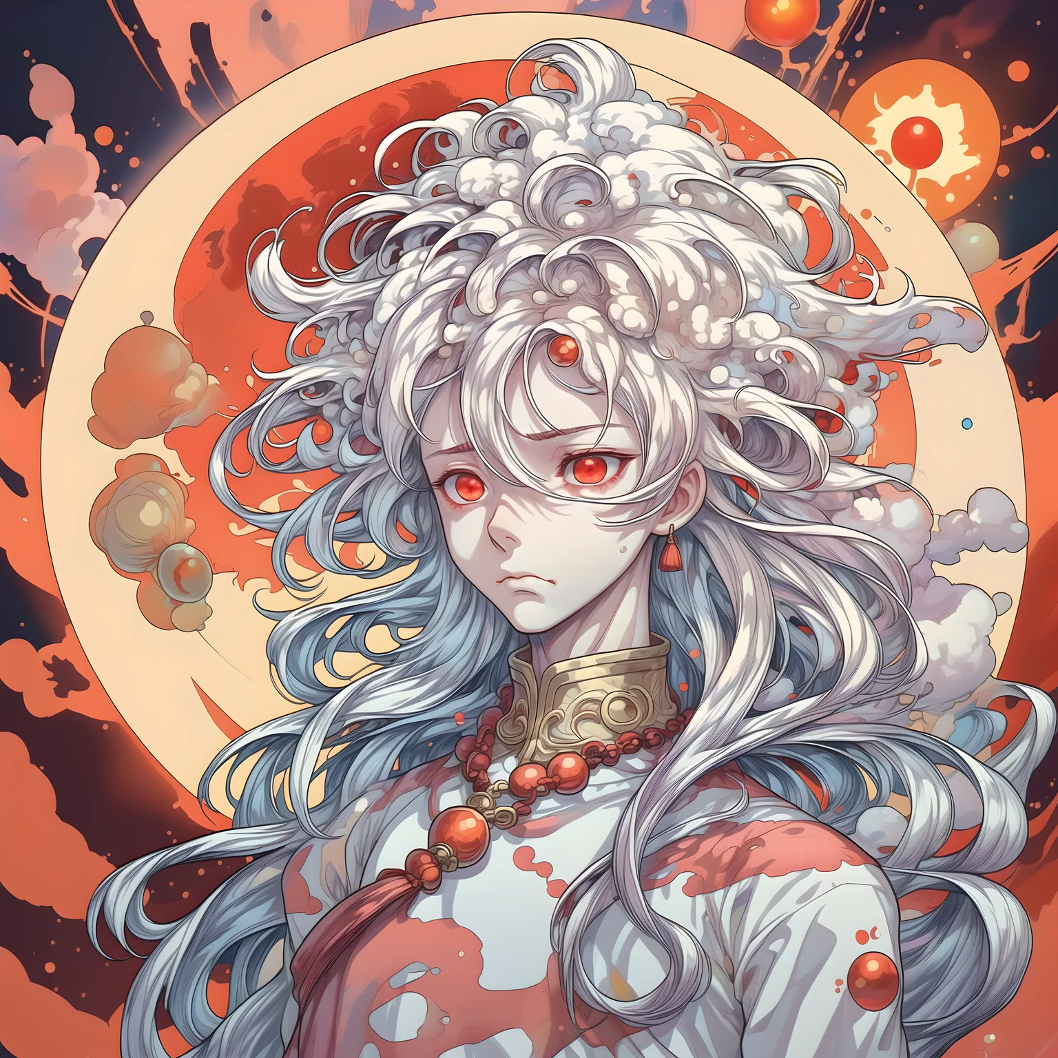 1boy, upper body, white hair, red eyes, gold necklace, gem, slim, narrow waist, male focus, long hair, fluffy hair, sad face, Chinese clothes, sun in background, teen, 16 years old, sunlight, masterpiece, best quality,
<lora:Cosmic anime-oil fusion v2:1>
<lora:add_detail:1>
