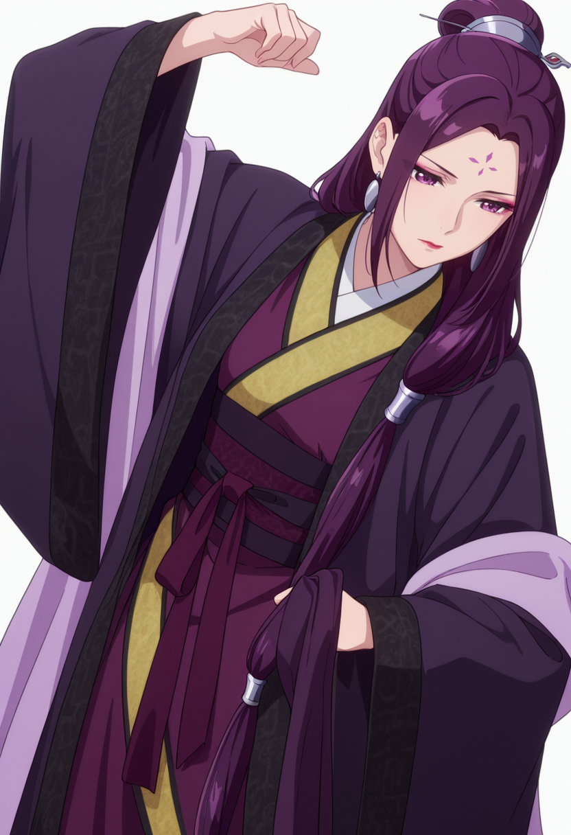 Smooth Quality,masterpiece,very intricate, high quality details, ultra realistic, high detailed skin,detailed enviorement,absurdres,
simple background, white background,solo,
dutch angle,disappointed,dancing, 
 <lora:Ah-Duo_CNR:0.8> ha_duo_cnr, 1girl, purple hair, long hair, purple eyes, forehead mark, single hair bun,hanfu, chinese clothes,kimono, robe, sash, shawl, long sleeves, wide sleeves,earrings,makeup, lipstick