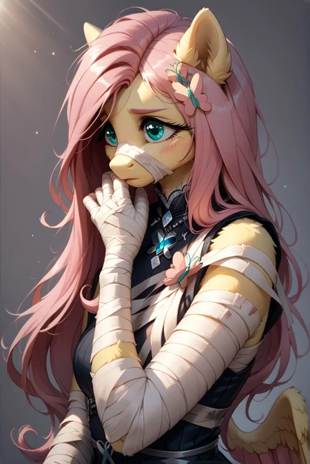 core_9, score_8_up, score_7_up, score_6_up, zPDXL3, (fluffy:1.1), (good_hands:1.3), (Fluttershy:2.0), (anthro), (pony:1.3), (wings:1.1), (close-up face:1.1), ghostly warrior, (white bandages wrapped around entire body:1.2), glowing red eyes (intense red light:1.2), long pink-white hair (flowing in the wind:1.2), mysterious, dark fantasy, mystical realism, (hyperrealistic details:1.3), (bandages, skin, facial features), gothic, ethereal, cold atmosphere, neutral background (cold gray and blue tones:1.2), battle scars, subtle scratches, haunting presence, (8k:1.3), (ultra-detailed:1.3), (sharp focus:1.3), (clear and crisp facial clarity:1.3), (defined facial contours around mouth and nose:1.3), (more bandages around mouth and nose:1.3), (cinematic composition:1.2), (volumetric lighting:1.2), (subsurface scattering:1.2), (Unreal Engine 5:1.2), (micro-shadows:1.2), (dynamic lighting:1.2), (intricate facial details:1.3) (soft blush, glossy lips, visible pores), (well-defined hands:1.3), (accurate hand anatomy:1.3), (detailed fingers:1.3), (clear and well-proportioned fingers:1.3)