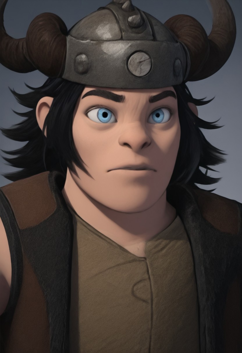 Snoutlout, Male, black hair, light blue eyes, long hair, messy hair,
vest, helmet with horns, portrait, solo
