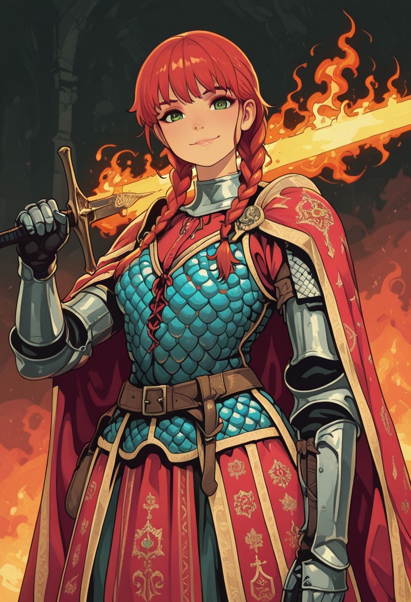 in the style of cksc, 1girl, female knight, red hair, braids, smile, green eyes, looking at viewer, ornate padded armor, wielding large flaming sword, masterpiece, best quality, amazing quality