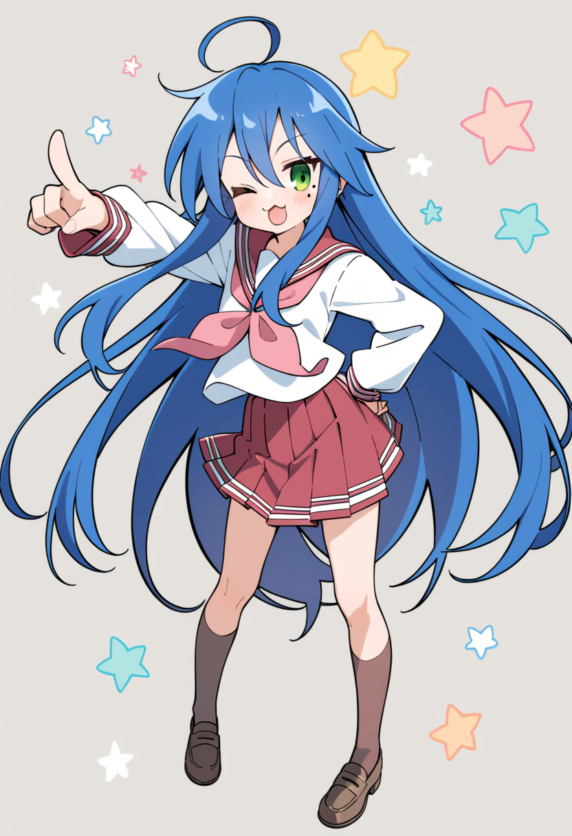 izumi konata, 1girl, long hair, ryouou school uniform, solo, school uniform, one eye closed, mole under eye, mole, serafuku, blue hair, green eyes, neckerchief, skirt, simple background, brown socks, brown footwear, full body, ahoge, sailor collar, red skirt, shoes, grey background, very long hair, long sleeves, open mouth, socks, pleated skirt, looking at viewer, pink neckerchief, loafers, pointing, :3, hand on hip, shirt, white shirt,star \(symbol\), star \(symbol\) background, 
masterpiece, best quality,newest,
<lora:Luckystar A31 e1-000009:0.60>