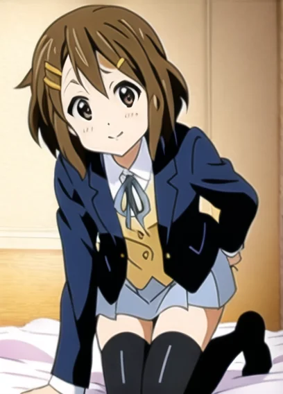 yui-1500:0.6,(yui hirasawa),highres,(masterpiece_1.0),(best quality_1.0),(seiza),(body in frame),((on knees)),((kneeling)),thigh highs,1girl, full body,pleated_skirt,short  black skirt,perspective from above,looking at viewer, (on bed)