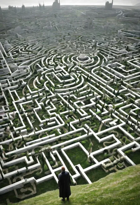 castle , A traveler contemplates a gigantic labyrinth made up of dozens of white, grass, medical towers.