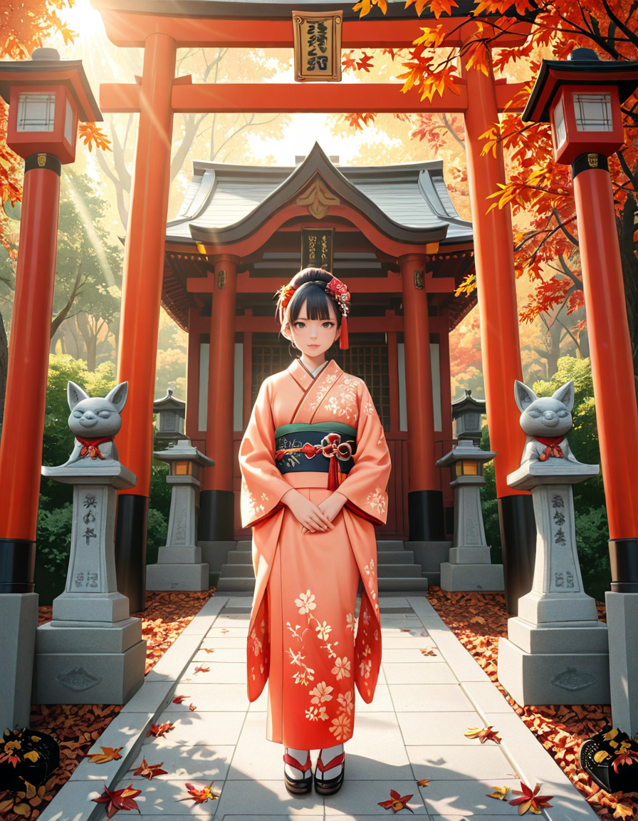 looking at viewer,A graceful Japanese woman standing in front of a traditional Inari shrine, wearing an elegant mauve kimono adorned with intricate floral patterns. Her dark hair is styled in a classic updo, decorated with delicate kanzashi hair ornaments. She has a serene and contemplative expression as she gazes towards the shrine. The scene is set in the late afternoon, with soft golden sunlight filtering through the vibrant red torii gates that create a tunnel leading to the shrine. The ground is covered with autumn leaves in warm shades of red, orange, and yellow. Stone fox statues, draped with sacred red bibs, guard the entrance, adding to the shrine's mystical aura. Traditional stone lanterns emit a soft, warm glow, enhancing the spiritual and tranquil ambiance. The background features lush greenery, contrasting with the shrineâs vivid vermillion hues. The image is in a photorealistic style, with high dynamic range lighting, capturing every intricate detail from the fabricâs texture to the play of light and shadows, evoking a sense of peace and tradition.
<lora:SDXLFaeTastic2400:0.4> <lora:extremely_detailed:0.4> extremely detailed, <lora:Inari_shr1n3:1>,Inari shr1n3, Masterpiece,best quality,hi res,8k,hi res,8k,award winning,(sharp focus, intricate, highly detailed),