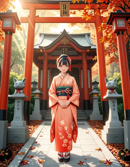 looking at viewer,A graceful Japanese woman standing in front of a traditional Inari shrine, wearing an elegant mauve kimono adorned with intricate floral patterns. Her dark hair is styled in a classic updo, decorated with delicate kanzashi hair ornaments. She has a serene and contemplative expression as she gazes towards the shrine. The scene is set in the late afternoon, with soft golden sunlight filtering through the vibrant red torii gates that create a tunnel leading to the shrine. The ground is covered with autumn leaves in warm shades of red, orange, and yellow. Stone fox statues, draped with sacred red bibs, guard the entrance, adding to the shrine's mystical aura. Traditional stone lanterns emit a soft, warm glow, enhancing the spiritual and tranquil ambiance. The background features lush greenery, contrasting with the shrineâs vivid vermillion hues. The image is in a photorealistic style, with high dynamic range lighting, capturing every intricate detail from the fabricâs texture to the play of light and shadows, evoking a sense of peace and tradition.
<lora:SDXLFaeTastic2400:0.4> <lora:extremely_detailed:0.4> extremely detailed, <lora:Inari_shr1n3:1>,Inari shr1n3, Masterpiece,best quality,hi res,8k,hi res,8k,award winning,(sharp focus, intricate, highly detailed),