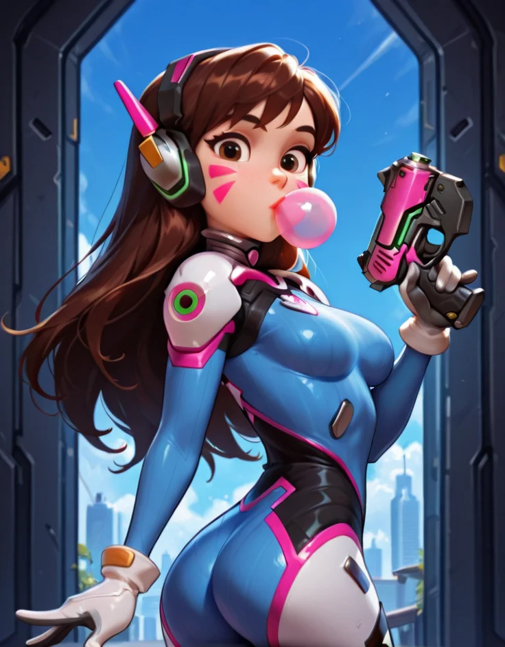 masterpiece, best quality, amazing quality, very aesthetic, absurdres,  newest, detailed background, cowboy shot, 4k, 8k, 
ralphstyle, dvaxd, 1girl, solo, weapon, brown hair, bodysuit, long hair, gun, brown eyes, bubble blowing, headphones, whisker markings, v, facial mark, breasts, chewing gum, gloves, medium breasts, looking at viewer, cowboy shot, pilot suit, white gloves, ass, holding weapon, skin tight, holding gun, bangs, holding, ribbed bodysuit, facepaint, heart
 <lora:D.Va_-_Overwatch_Illustrious:1>
 <lora:Ralph_Breaks_the_Internet_Style_-_Disney_Illustrious:1>
