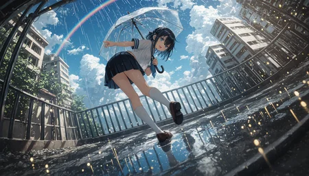 1girl, solo, looking at viewer, smile, open mouth, short hair, blue eyes, shirt, skirt, black hair, holding, hair between eyes, standing, school uniform, white shirt, braid, short sleeves, :d, outdoors, pleated skirt, sky, shoes, socks, day, serafuku, looking back, cloud, black skirt, sailor collar, miniskirt, from behind, water, blue sky, wet, see-through, kneehighs, dutch angle, brown footwear, white socks, umbrella, standing on one leg, cloudy sky, building, loafers, wet clothes, white sailor collar, reflection, rain, holding umbrella, water drop, railing, midriff peek, wet shirt, transparent, rainbow, puddle, transparent umbrella, reflective water, <lora:HandFixer_pdxl_Incrs_v1:0.5> <lora:None:1.0> <lora:deadpuritySDXLvpred10-step00002300:0.30000000000000004> <lora:Kantoku_Style_for_Illustrious:0.8000000000000002> <lora:banpaiAkiraOSXL_NBVP1_lokr_V6311P:0.30000000000000004> <lora:WSSKX_WAI:0.30000000000000004> <lora:Aura_Phantasy&Shiiro's_Styles-Illustrious:0.30000000000000004> <lora:åå¡ã__ATNR_STYLE-Illustrious:0.05000000000000001> <lora:r17329_illuu:0.05000000000000001> <lora:il_saturation_slider_d1:-0.5000000000000001> <lora:il_color_temp_slider_d1:-1.0000000000000002>