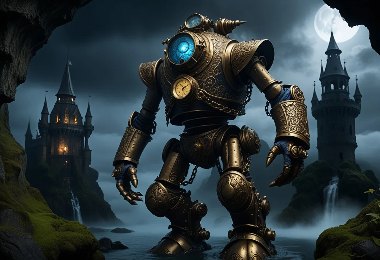giant bipedal robot brass and dark blue, bronze paisley robot. lacy robot metal. diving helmet head. outside of a steampunk keep. large detailed torso. dark image. one forty foot tall ancient robot with great arms and two heavy spring legs. dark foggy night background. $dark foggy night image only. dark photo realistic image. steampunk details. cogs, chains and pipes incorporated in the fantasy buildings. magic wizards tower in background. Dark swamp, moss, castle ruins, wizards tower. stormy dark night. stormy sky.