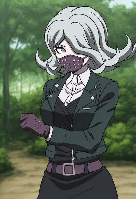 (((solo))), masterpiece, best quality, modern, modern anime, danganronpa_(series),<lora:Seiko_Kimura_Illustrious:1>, In the art style of Rui Komatsuzaki, artist: Rui Komatsuzaki, This is an anime screencap from Danganronpa 3. . Seiko Kimura is wearing her future arc uniform. Seiko Kimura is a short woman with purple eyes and a sickly complexion. She has pale grey hair and a respirator mask covering her mouth. She wears a dark-colored jacket that's half open and connected in the middle. She has a small Future Foundation ID pinned to the lapel of her jacket. Under the jacket is a white dress shirt a dark pencil skirt held by a purple belt long black stockings and purple Mary Janes. She wears purple gloves with a single white stripe in the middle. Seiko, known for her soft-hearted nature, is caring for a group of orphaned animals on New Year's Day. The animals are all unique and strange, and she must use her pharmaceutical skills to keep them healthy and happy. As she tends to their needs, she feels a sense of warmth and connection, despite the eerie atmosphere of the abandoned orphanage.