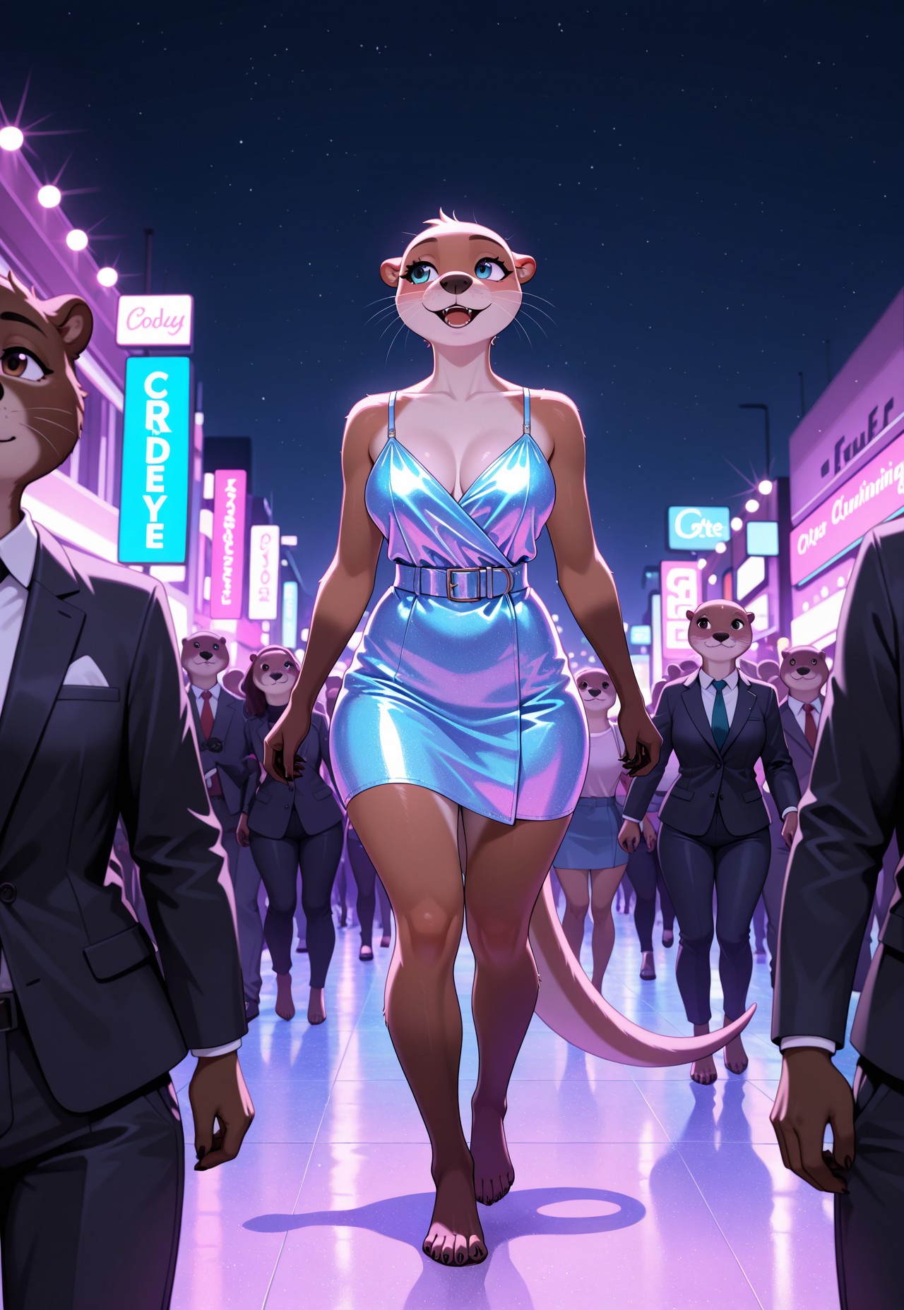 otter, female, anthro, fashion show, walking, crowd, night, dynamic lighting, masterpiece, best quality, high quality, absurdres, highres, incredibly absurdres, newest, amazing quality