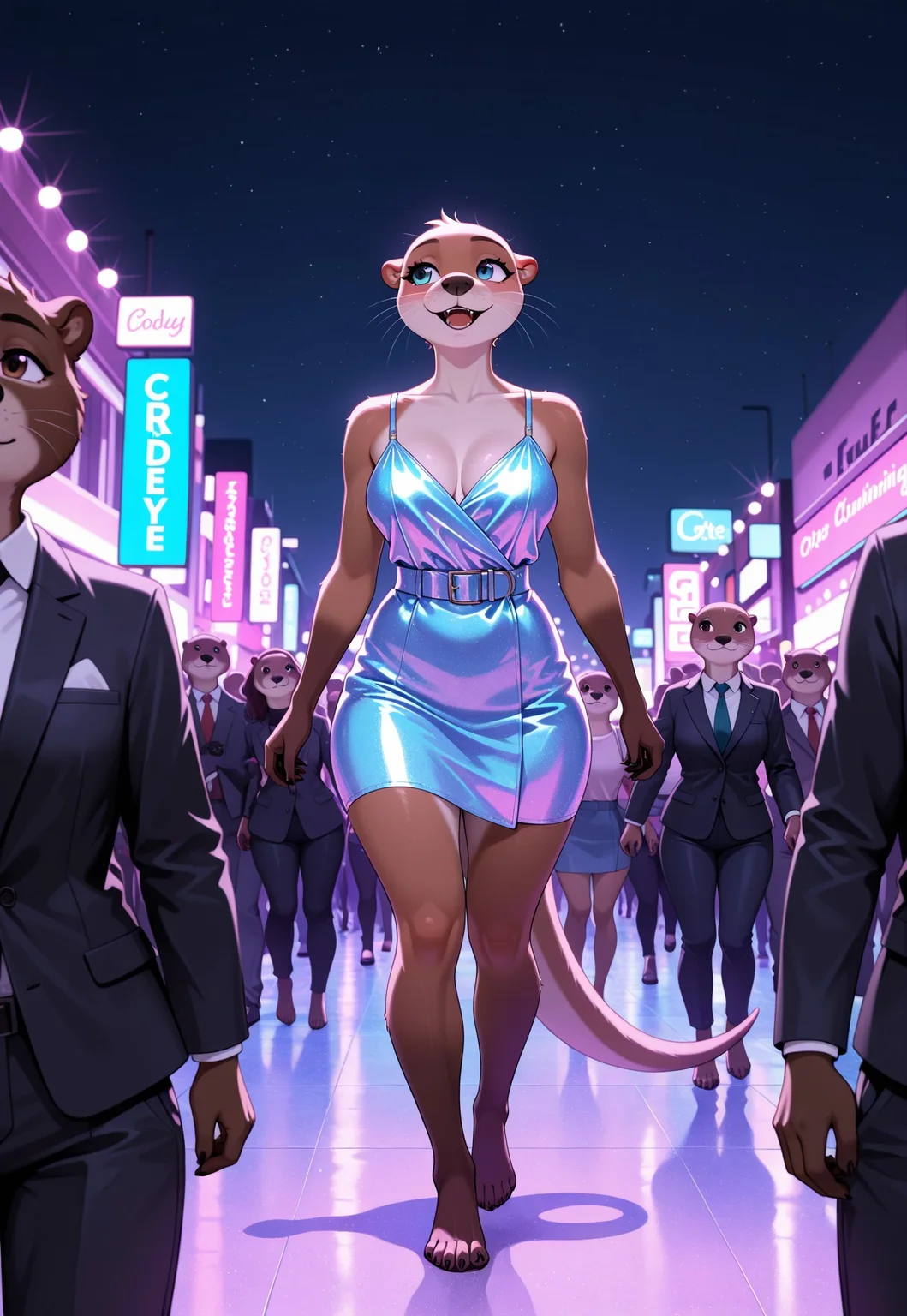 otter, female, anthro, fashion show, walking, crowd, night, dynamic lighting, masterpiece, best quality, high quality, absurdres, highres, incredibly absurdres, newest, amazing quality