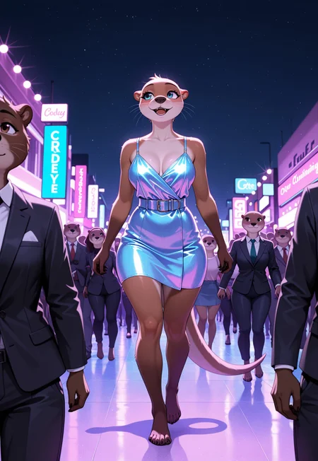 otter, female, anthro, fashion show, walking, crowd, night, dynamic lighting, masterpiece, best quality, high quality, absurdres, highres, incredibly absurdres, newest, amazing quality
