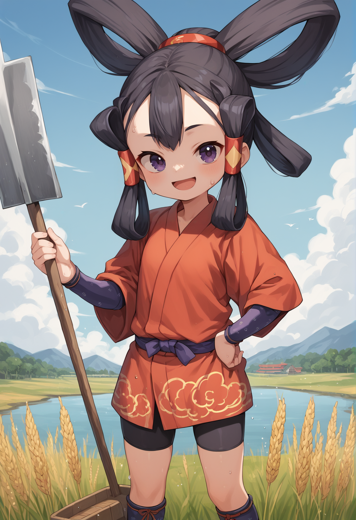 1girl, purple eyes, black hair, hair rings, hair tubes, japanese clothes, red kimono, short kimono, wristbands, leg warmers, sandals, bike shorts, smile, sweat, holding hoe, looking at viewer, outdoors, wheat, wheat field, water, cowboy shot  <lora:Sakuna:1>, score_9, score_8_up, score_7_up, score_6_up, score_5_up, score_4_up, BREAK source_anime, masterpiece