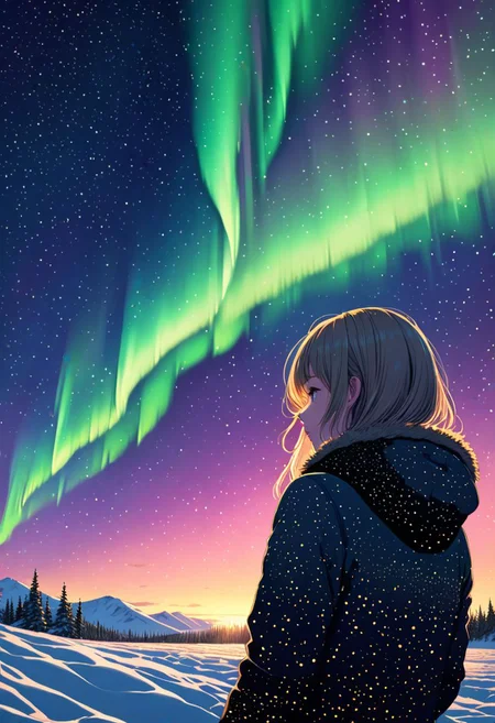 Pointillism style (((masterpiece))),(best quality),4K masterpiece,((ultra-detailed)),highly detailed,detailed shadow,
gold northern lights,closeup of sky,Composed entirely of small, vibrant, highly detailed,1 girl